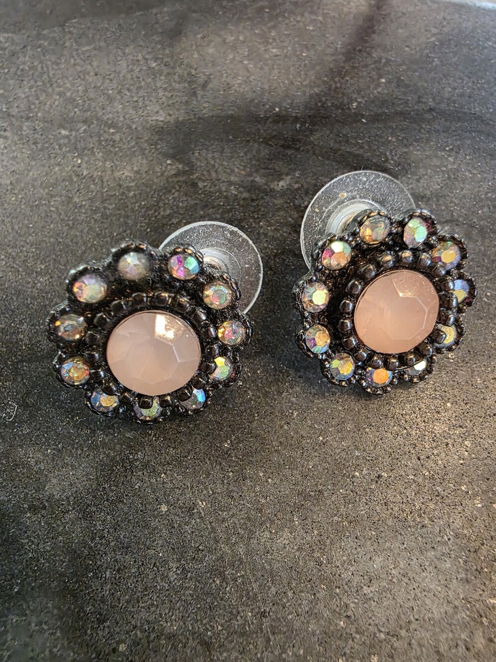 Vintage Style Gunmetal Aurora Borealis Pink Cluster Stud Earrings